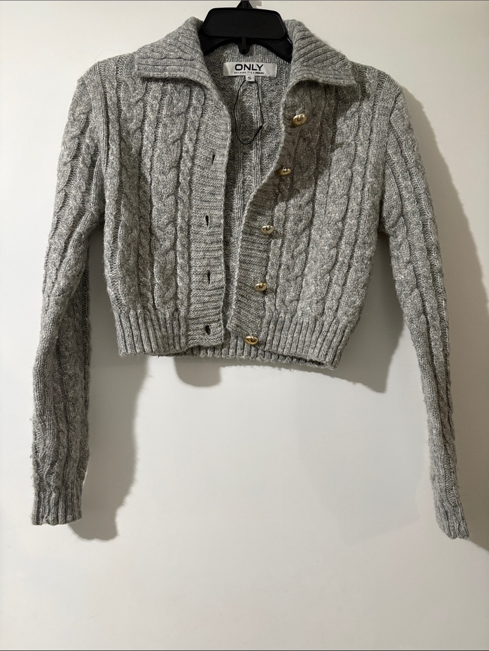 ONLY Cropped Cable Knit Button-Front Sweater - Light Gray